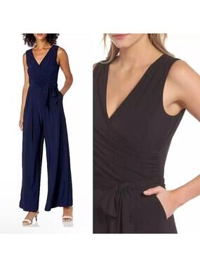 Eliza J Sleeveless Tie Faux Wrap Wide Leg Jumpsuit Navy Career Occasion Sz M NWT